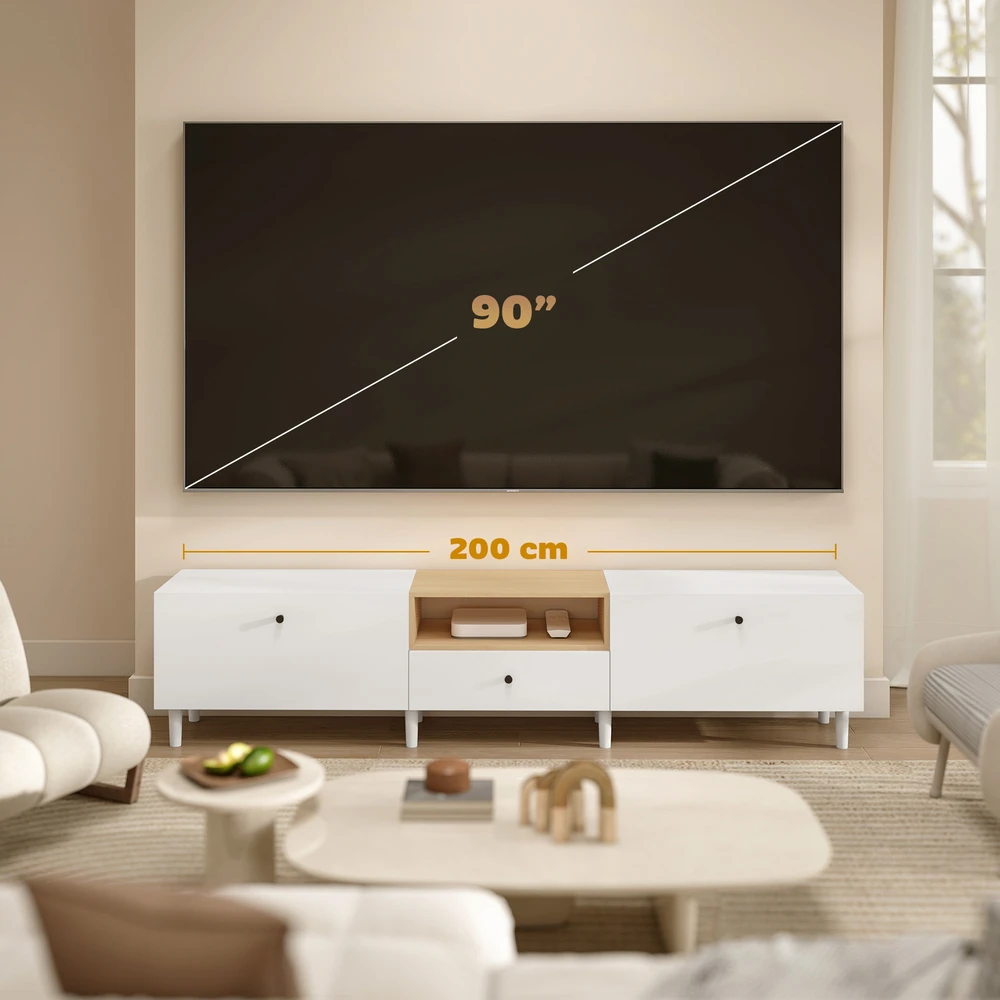 Aosom 200 cm TV staliukas televizoriui iki 90 colių, 2 atverčiami skyriai, atvira lentyna, stalčius, 8 kojos, medžio drožlių plokštė, balta