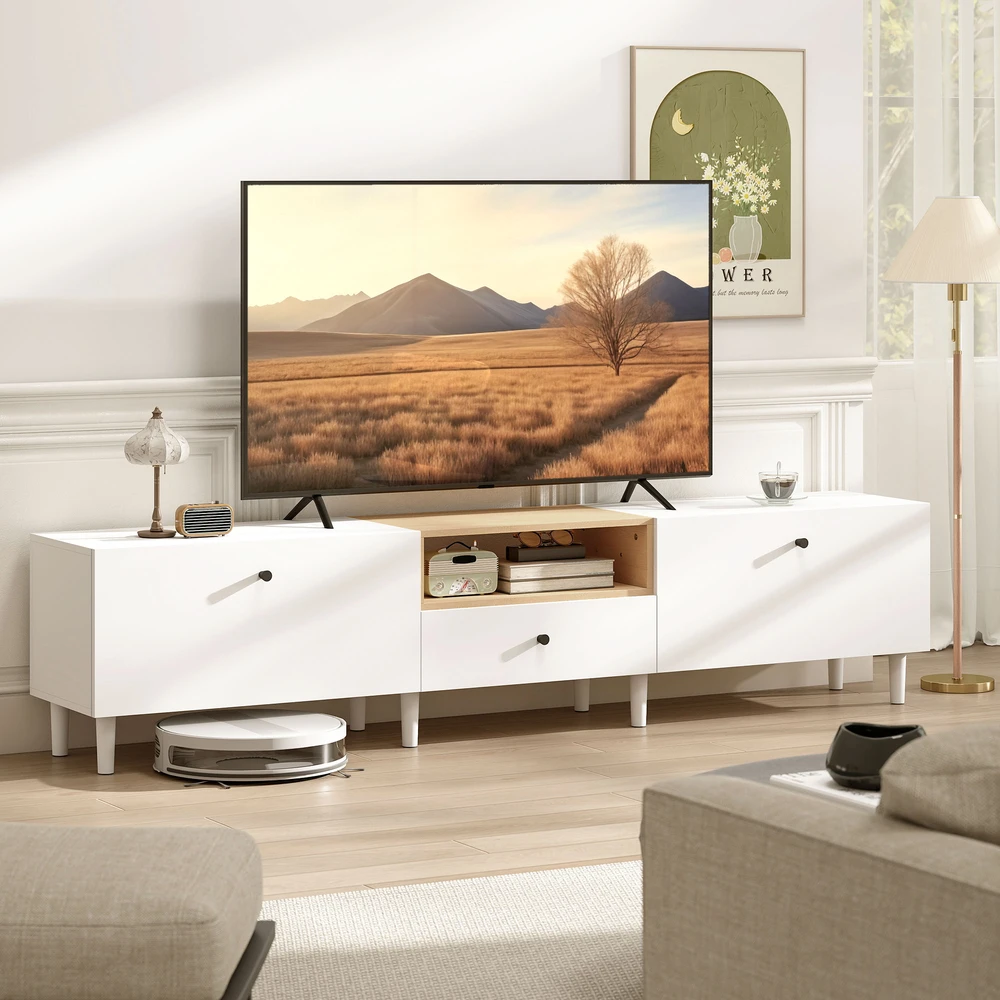 Aosom 200 cm TV staliukas televizoriui iki 90 colių, 2 atverčiami skyriai, atvira lentyna, stalčius, 8 kojos, medžio drožlių plokštė, balta