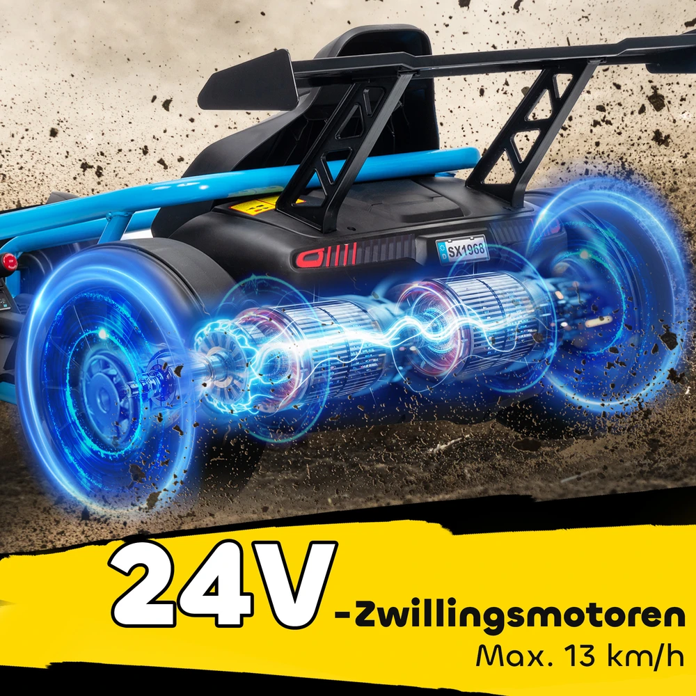 Aosom 24 V elektrinis go-kartas driftui ir važiavimui, nailono padangos, apsauginis diržas, garsinis signalas, muzika, mėlynas, 8-12 metų