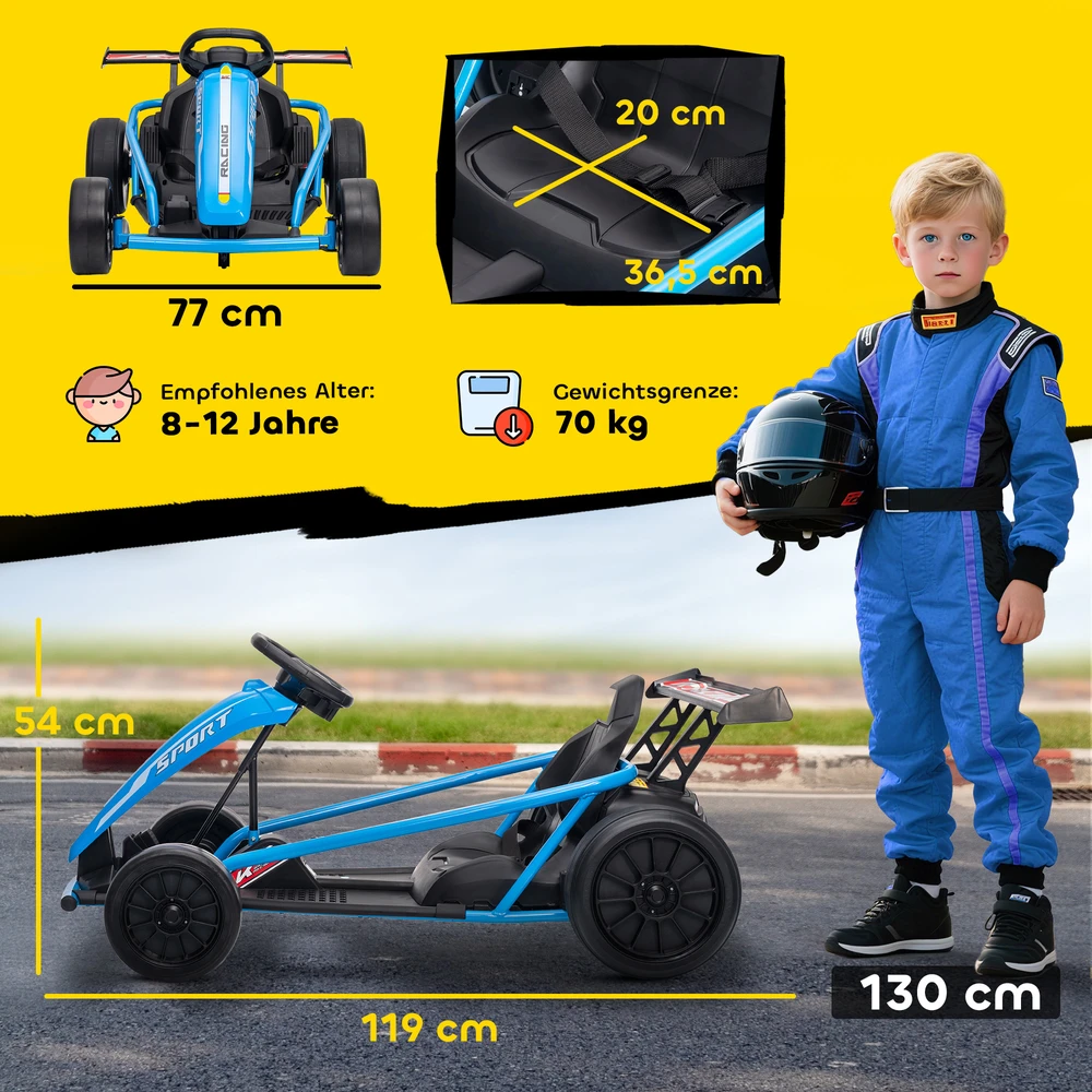 Aosom 24 V elektrinis go-kartas driftui ir važiavimui, nailono padangos, apsauginis diržas, garsinis signalas, muzika, mėlynas, 8-12 metų