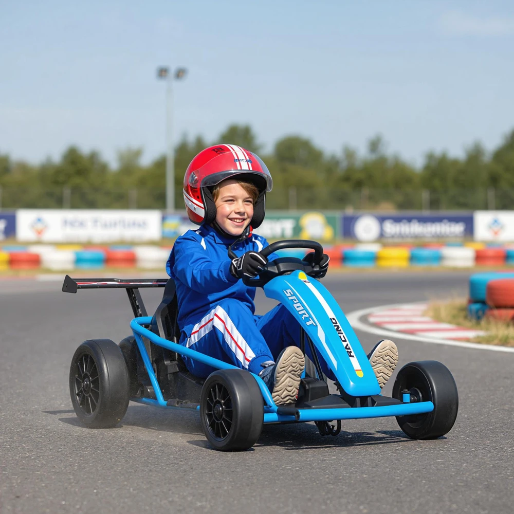 Aosom 24 V elektrinis go-kartas driftui ir važiavimui, nailono padangos, apsauginis diržas, garsinis signalas, muzika, mėlynas, 8-12 metų