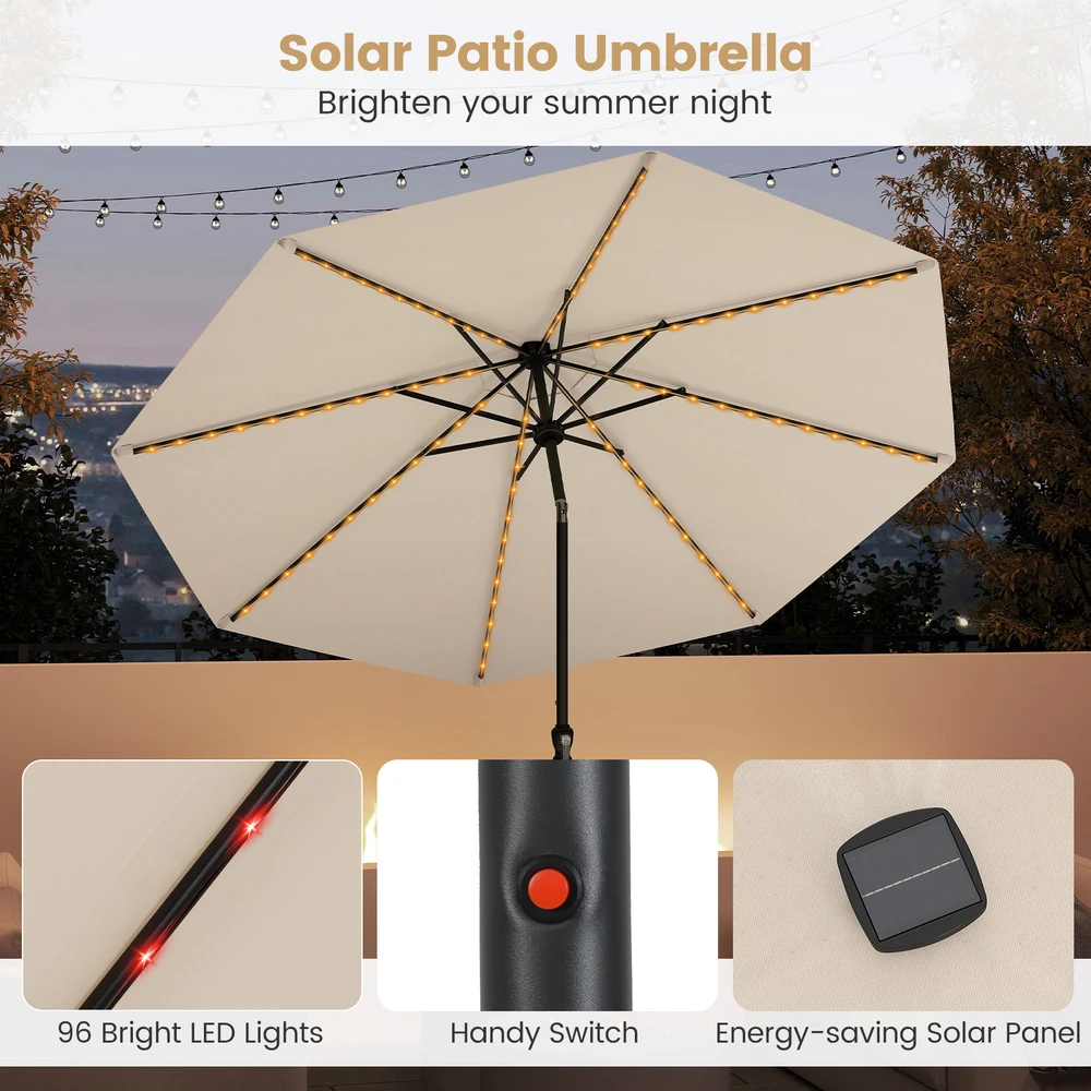 Promotion 290 cm saulės skėtis su LED šviesomis, smėlio spalva