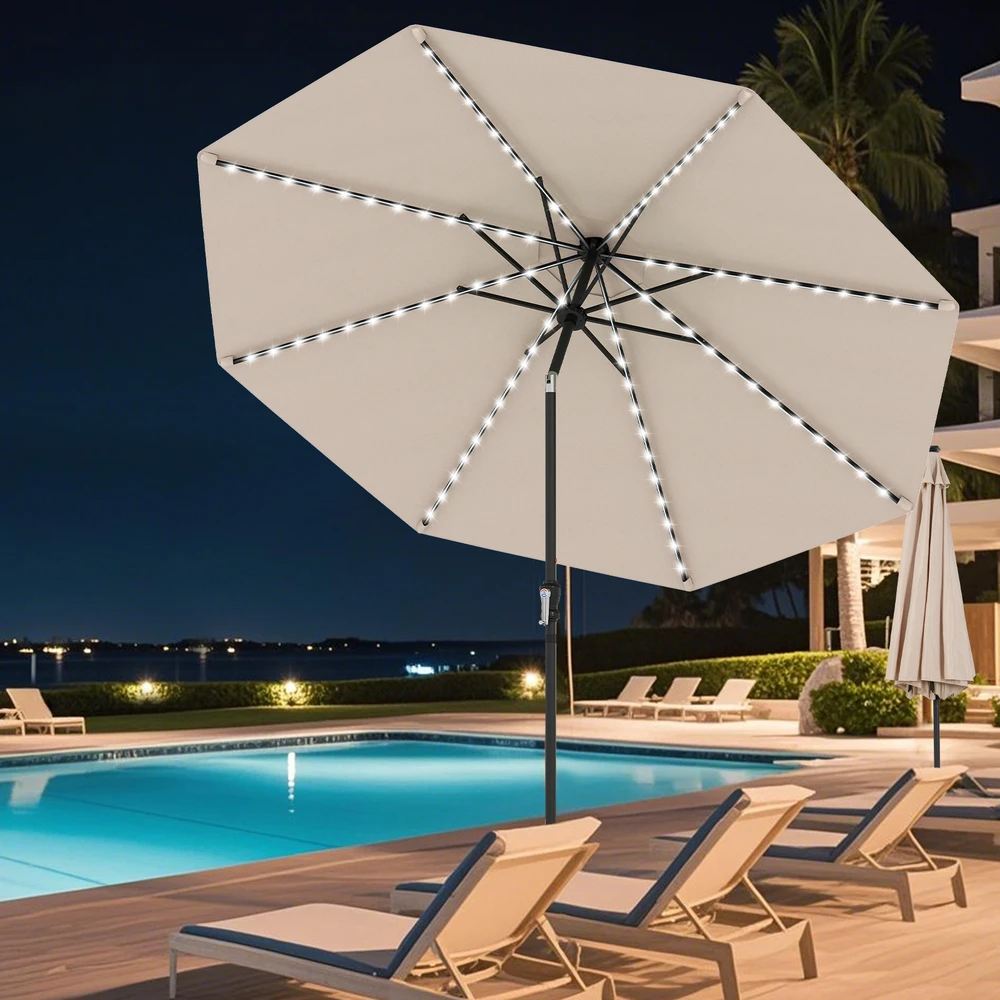 Promotion 290 cm saulės skėtis su LED šviesomis, smėlio spalva