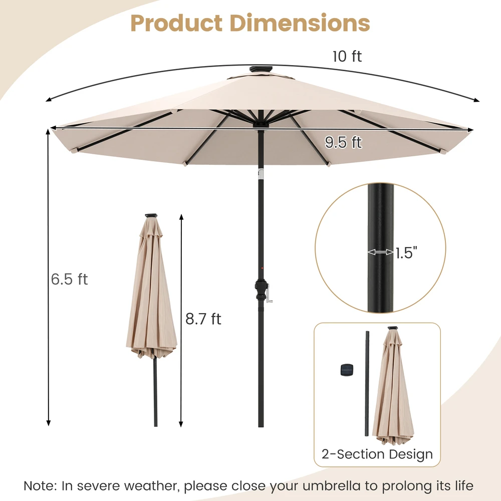 Promotion 290 cm saulės skėtis su LED šviesomis, smėlio spalva