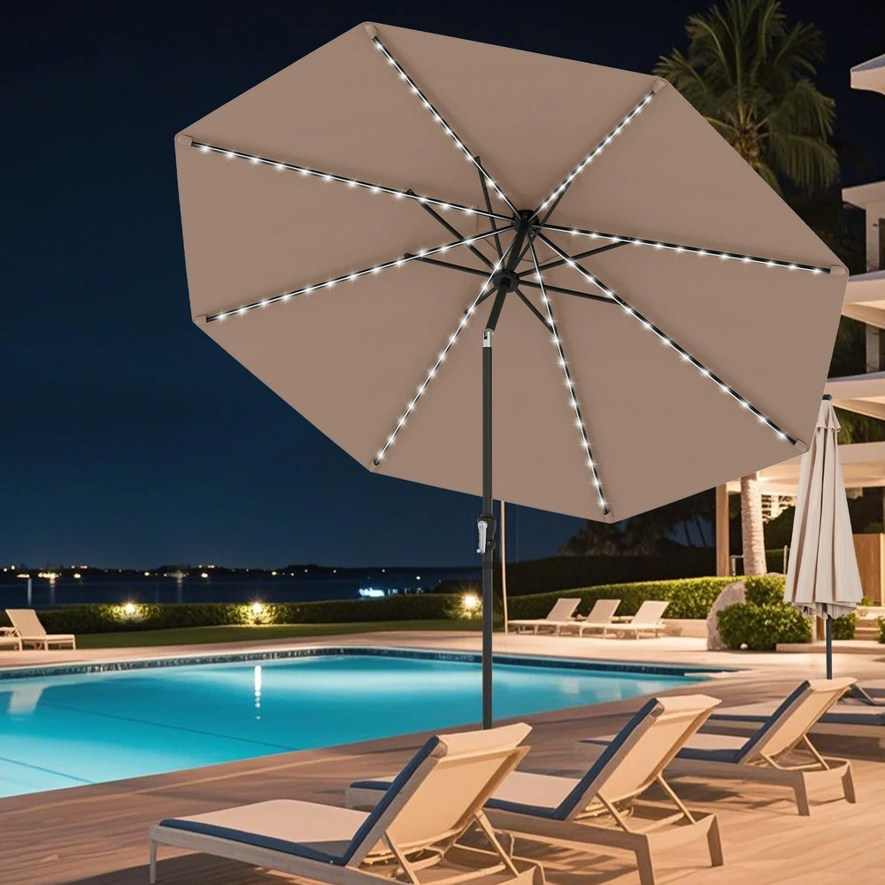 Promotion 290 cm saulės skėtis su LED šviesomis, kavos spalva