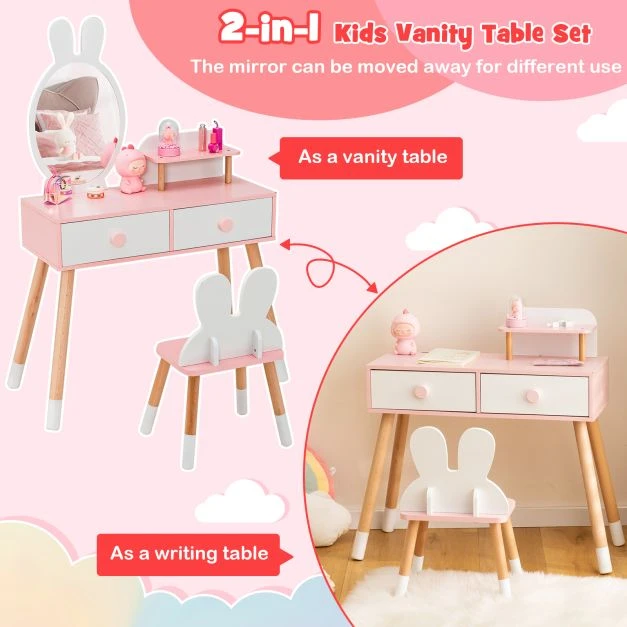 Promotion 2in1 vaikų princesės makiažo staliukas su veidrodžiu, baltas