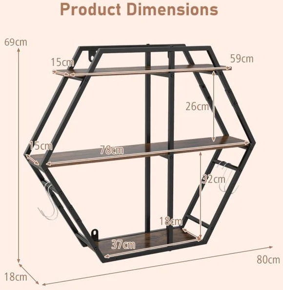 Promotion 3 Aukštų Dekoratyvinė Sieninė Lentyna su Metaliniu Rėmu, Ruda