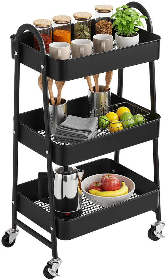 Koduva 3 aukštų metalinis mobilus vežimėlis su rankenomis ir 2 stabdžiais, 41,4 x 30,7 x 79 cm, juodas