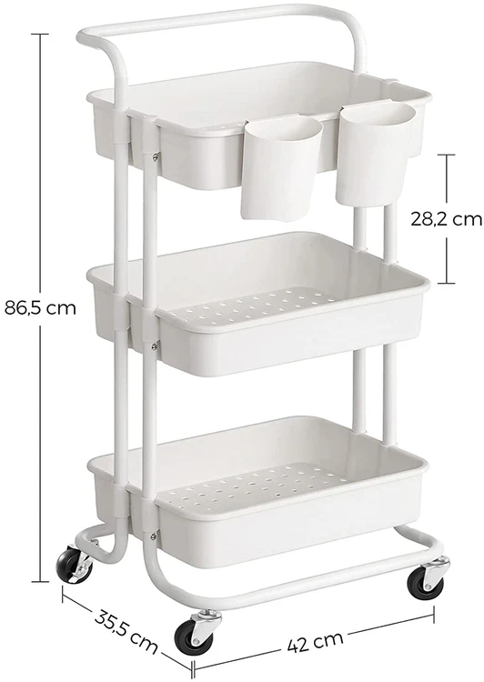 Songmics 3 aukštų mobilus vežimėlis, baltas, plienas ir PP plastikas, 41,6 x 33,5 x 86,3 cm
