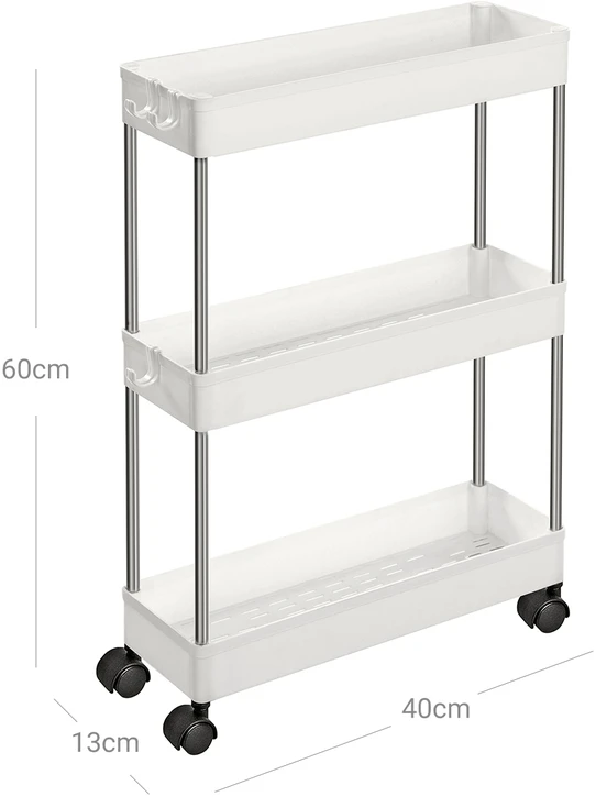 Songmics 3 aukštų siauras mobilus vežimėlis, baltas, PP ir metalas, 40 x 12,5 x 60 cm