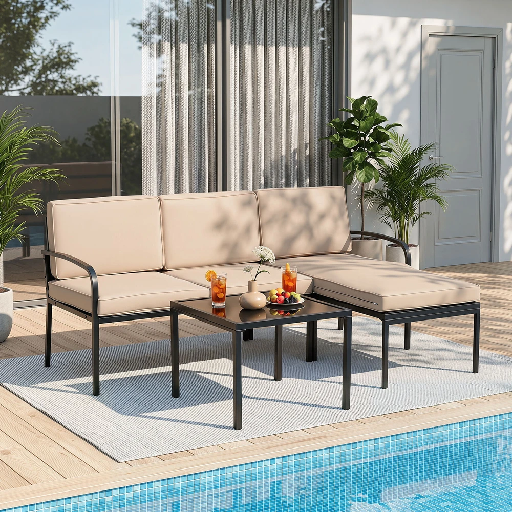 Promotion 3 dalių balkono baldų komplektas su 2 vietų sofa, L formos sofa ir kavos staliuku, pilkas