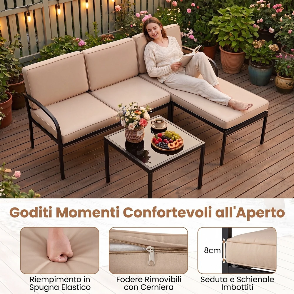 Promotion 3 dalių balkono baldų komplektas su 2 vietų sofa, L formos sofa ir kavos staliuku, pilkas