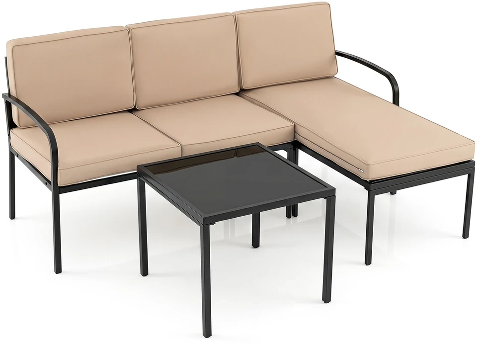 Promotion 3 dalių balkono baldų komplektas su 2 vietų sofa, L formos sofa ir kavos staliuku, pilkas