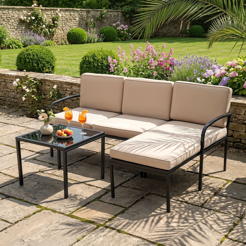 Promotion 3 dalių balkono baldų komplektas su 2 vietų sofa, L formos sofa ir kavos staliuku, pilkas