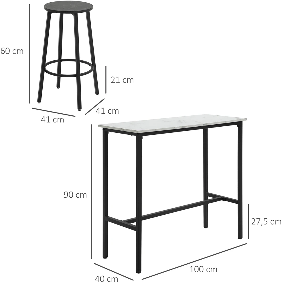 Aosom 3 dalių baro stalas su 2 baro kėdėmis, balta marmuro imitacija, plieno rėmas