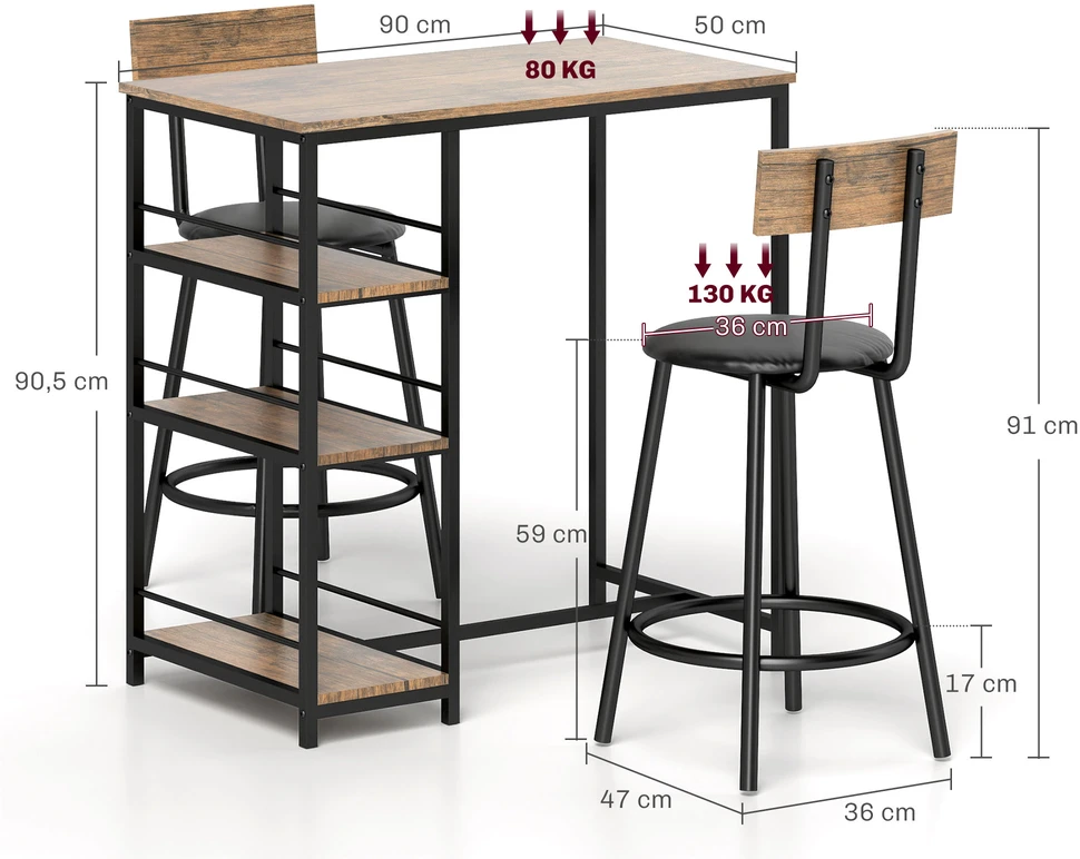 Aosom 3 dalių baro stalo komplektas su 2 kėdėmis, ąžuolo spalvos, MDF, plienas