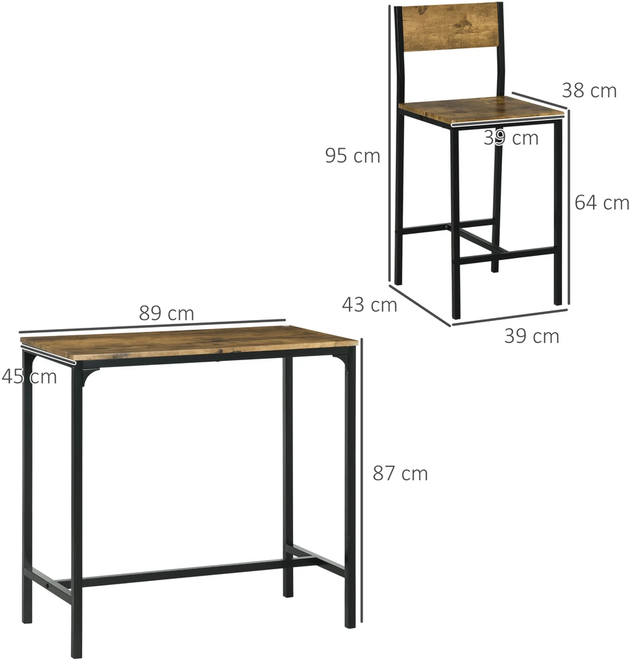 Aosom 3 dalių baro stalų rinkinys, aukštas stalas, 2 kėdės, MDF, metalinis rėmas, rudai juodas