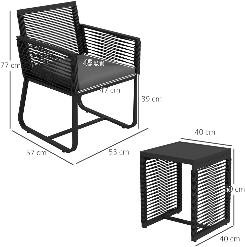 Lauko baldų komplektas Aosom 3 dalių bistro komplektas balkonui ir terasai, juodas + pilkas, 53 x 57 x 77 cm