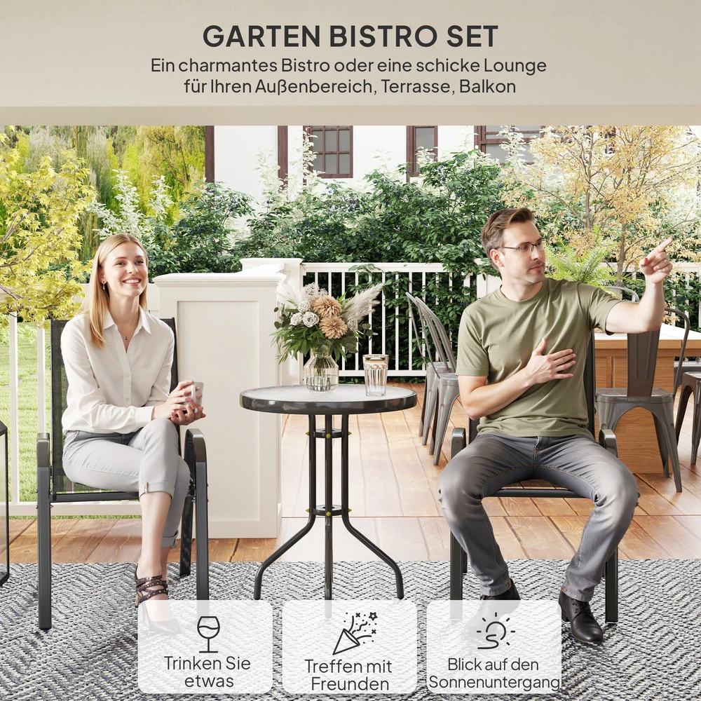 Lauko baldų komplektas Aosom 3 dalių bistro komplektas, juodas, metalas ir grūdintas stiklas