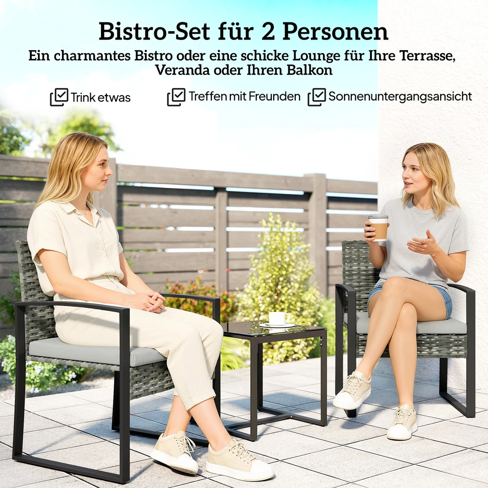 Aosom 3 dalių bistro komplektas, lauko baldų rinkinys 2 kėdės, staliukas, šviesiai pilkas