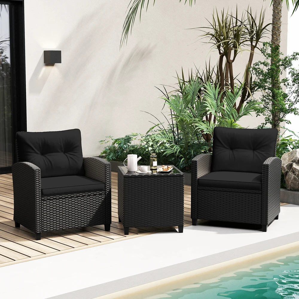 Promotion 3 dalių lauko baldų komplektas su grūdinto stiklo kavos staliuku, juodas