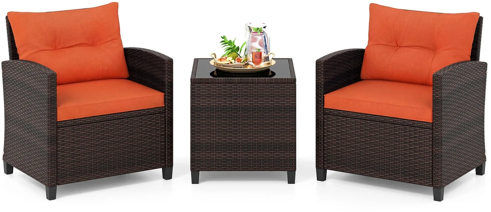 Promotion 3 dalių lauko sodo baldų komplektas, PE rotangas, oranžinės pagalvėlės