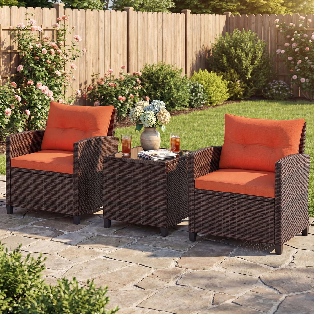 Promotion 3 dalių lauko sodo baldų komplektas, PE rotangas, oranžinės pagalvėlės