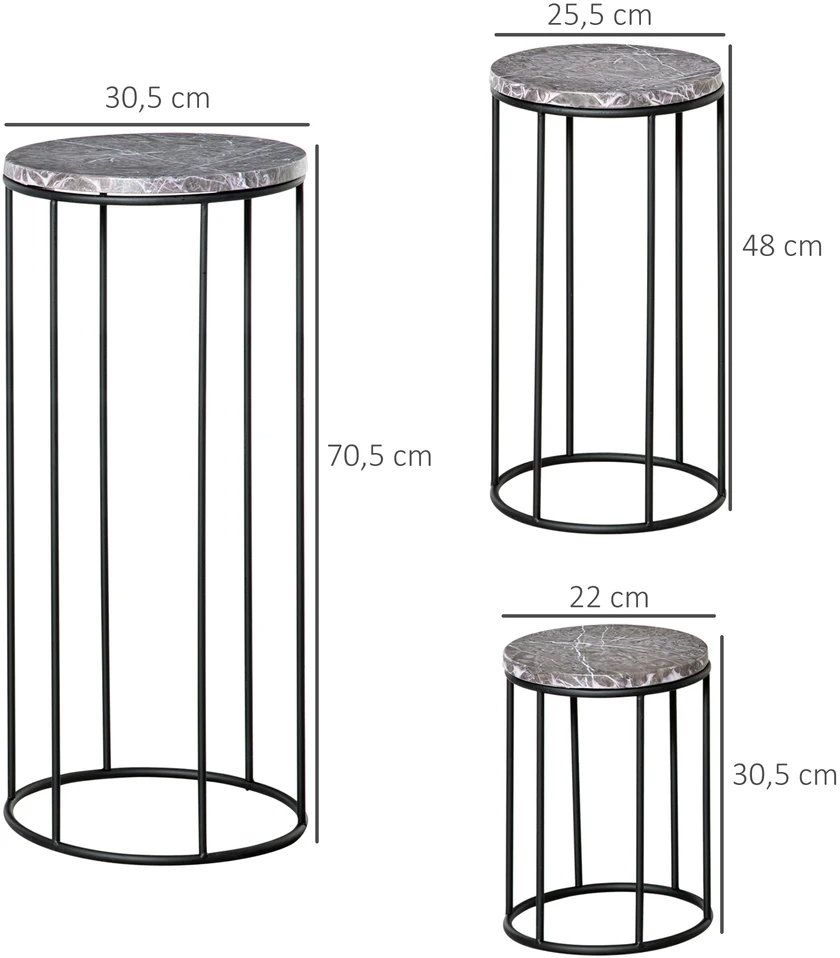 Aosom 3 dalių metalinių gėlių stovų rinkinys, juoda ir pilka, marmuro išvaizda