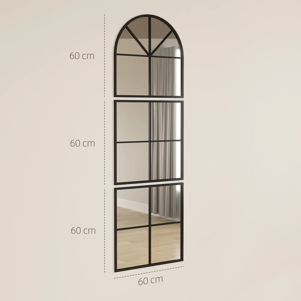 Aosom 3 dalių sieninis veidrodis su arkinio formos viršumi, metalinis rėmas, juodas, 60 x 2 x 180 cm