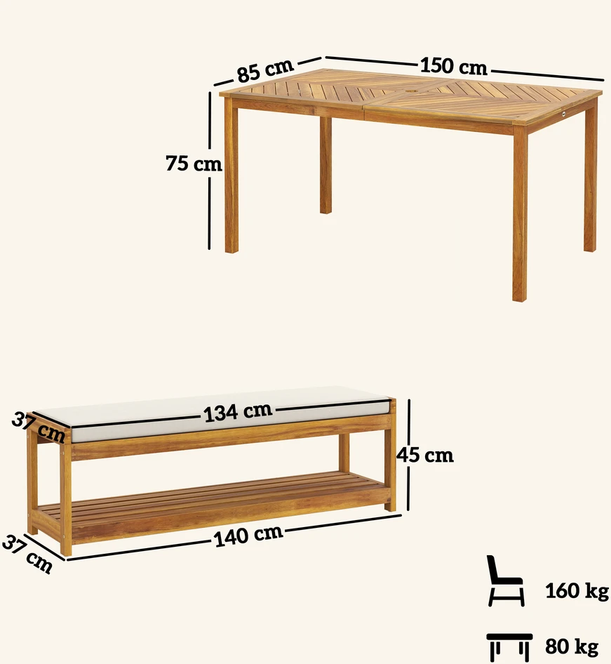 Lauko baldų komplektas Aosom 3 dalių sodo baldų komplektas, stalas su skyle skėčiui, 2 suolai, 150 x 85 x 75 cm, tikmedžio spalvos