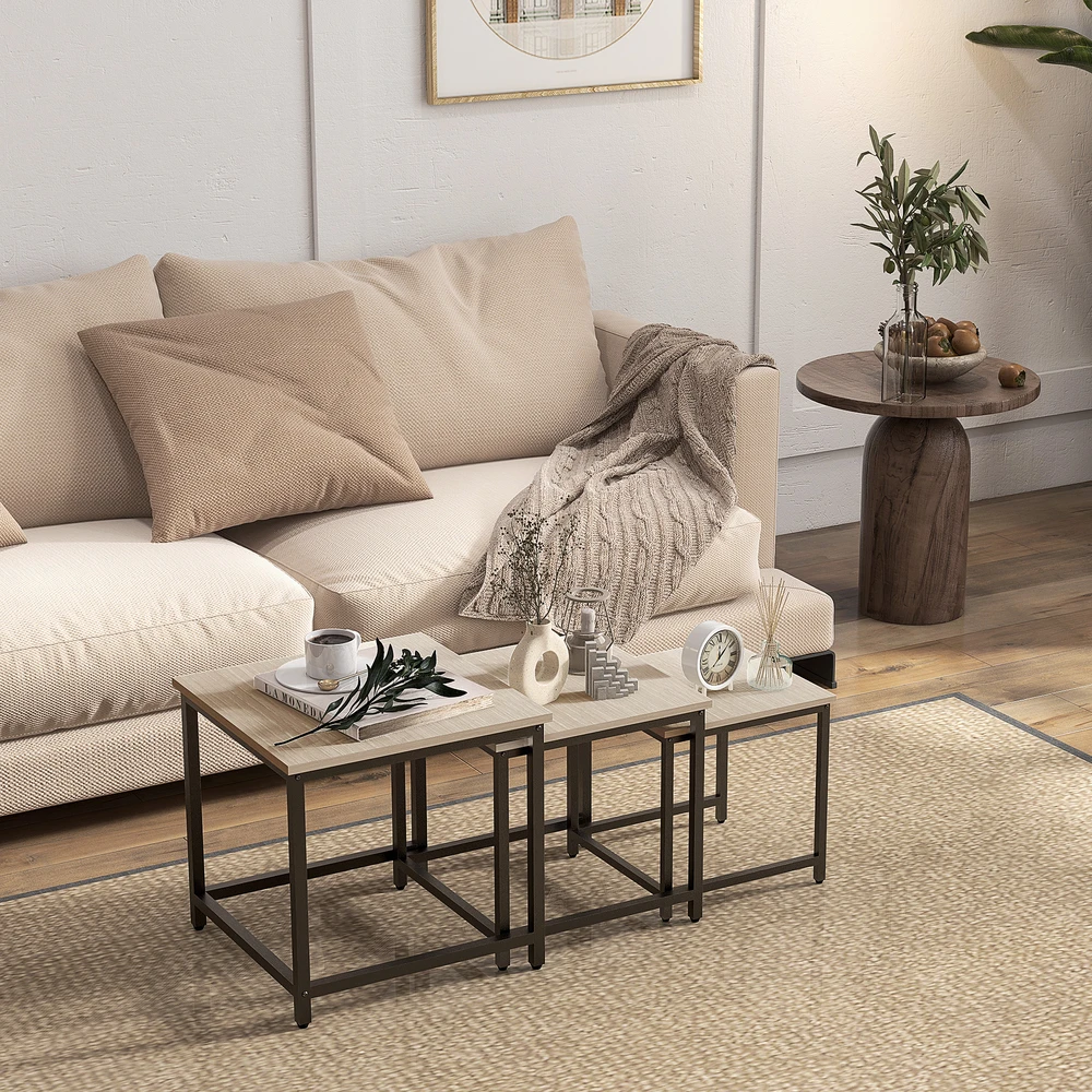 Sofa Aosom 3 dalių šoninių staliukų komplektas, industrinis dizainas, natūralaus medžio spalvos, juodas plieno rėmas