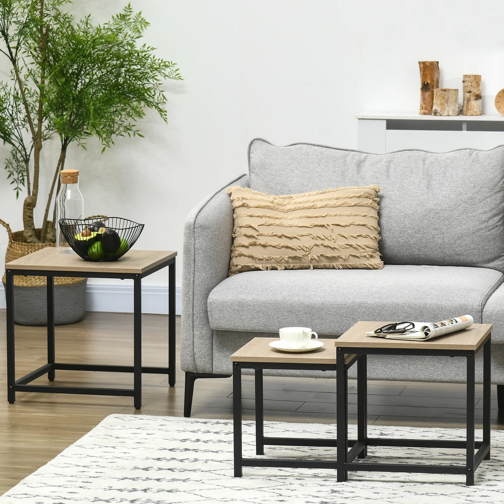 Sofa Aosom 3 dalių šoninių staliukų komplektas, industrinis dizainas, natūralaus medžio spalvos, juodas plieno rėmas