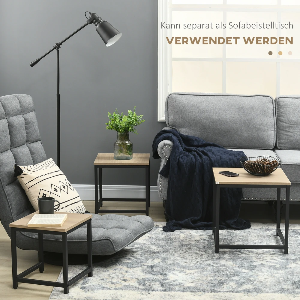 Sofa Aosom 3 dalių šoninių staliukų komplektas, industrinis dizainas, natūralaus medžio spalvos, juodas plieno rėmas