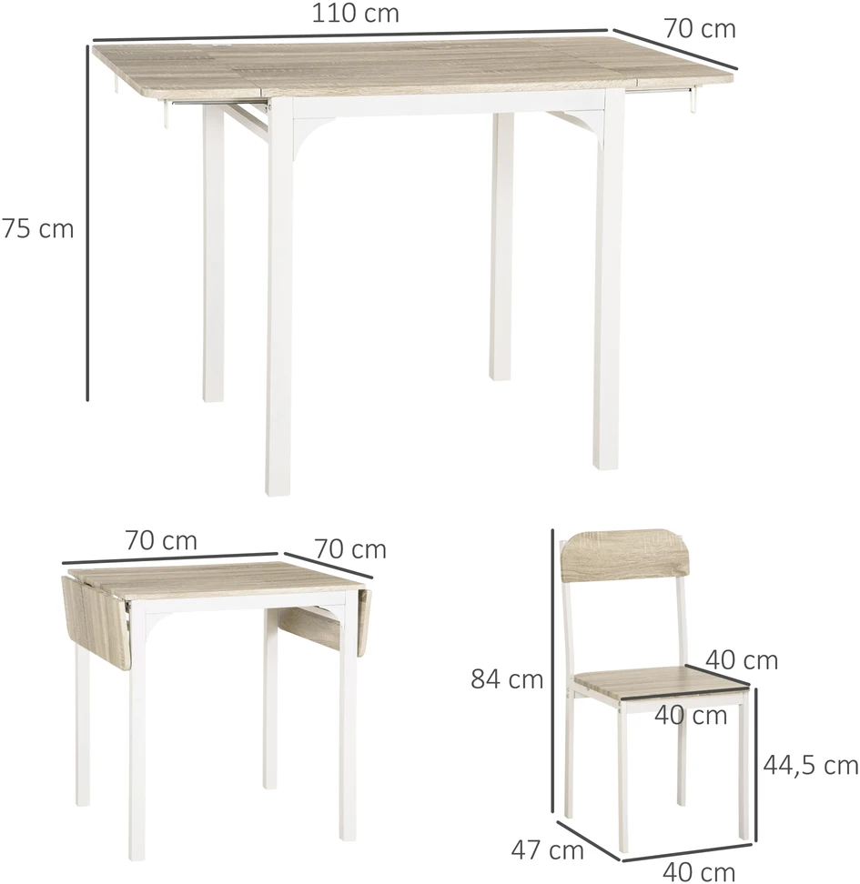 Aosom 3 dalių sulankstomas valgomojo komplektas, stalas su 2 kėdėmis, 110 x 70 x 75 cm, balta + natūrali