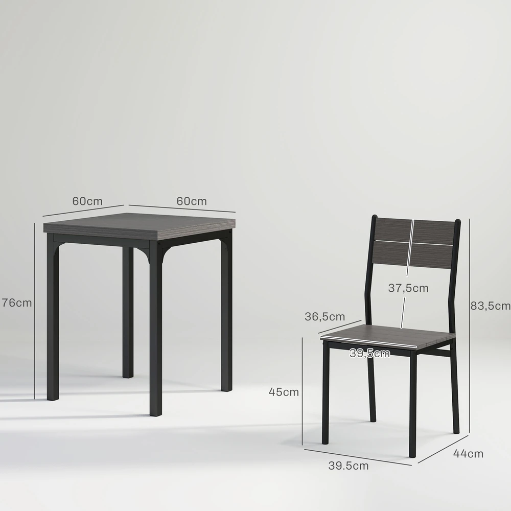 Aosom 3 dalių valgomojo komplektas, stalas ir 2 kėdės, MDF ir metalas, pilka