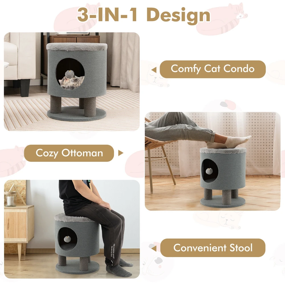 Promotion 3-in-1 Kačių Namas su Draskymo Stulpais ir Kamuoliuku Pilkas