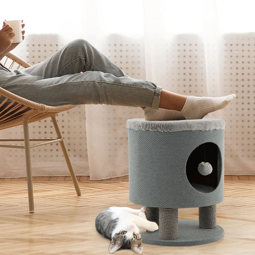 Promotion 3-in-1 Kačių Namas su Draskymo Stulpais ir Kamuoliuku Pilkas