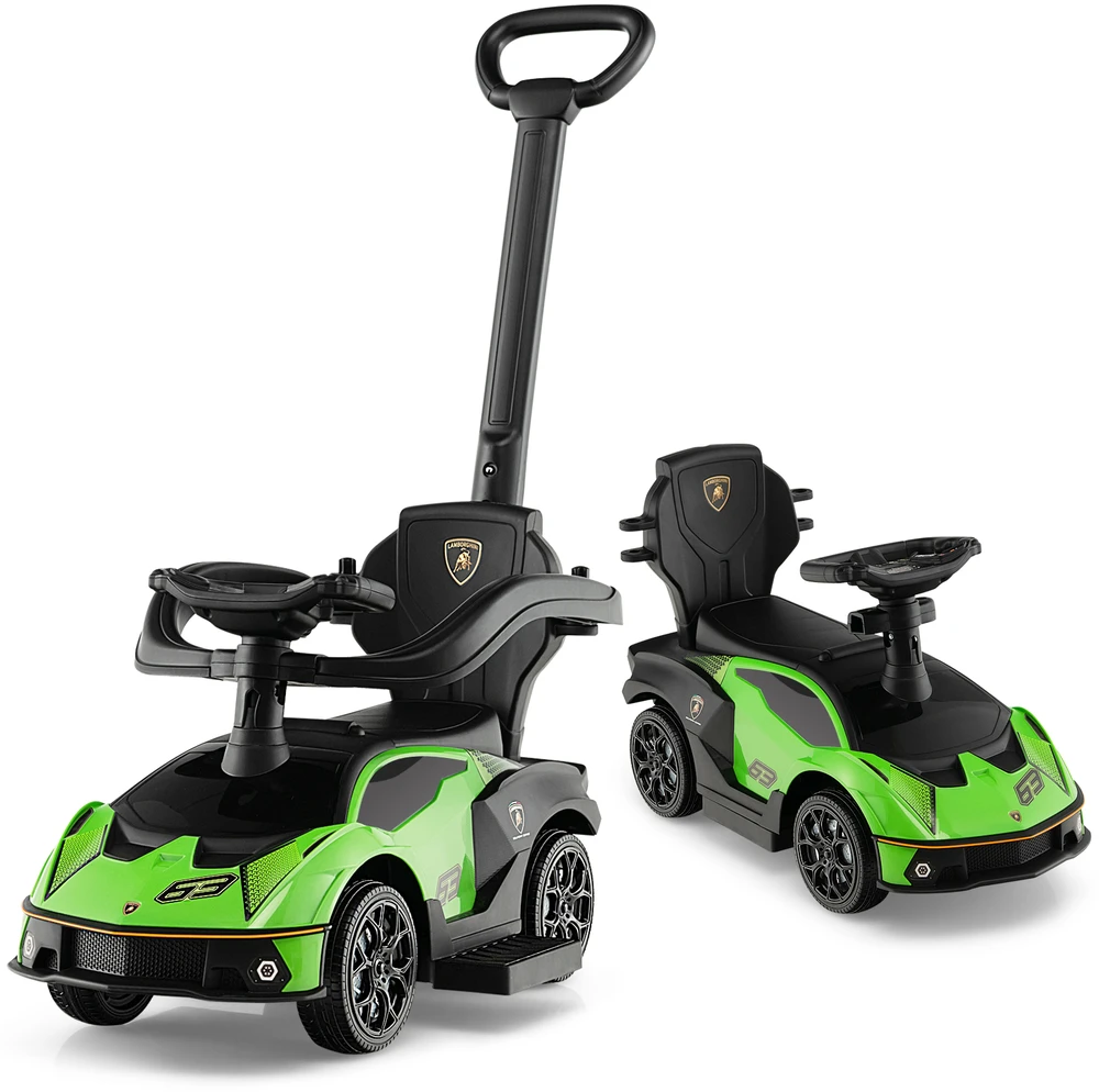 Promotion 3-in-1 Lamborghini stumiamas važiuoklės automobilis su rankena ir apsauginiu turėklu, žalias