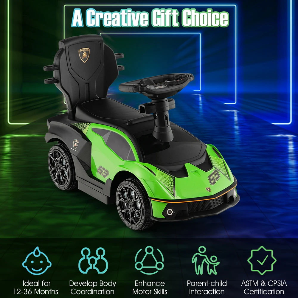 Promotion 3-in-1 Lamborghini stumiamas važiuoklės automobilis su rankena ir apsauginiu turėklu, žalias