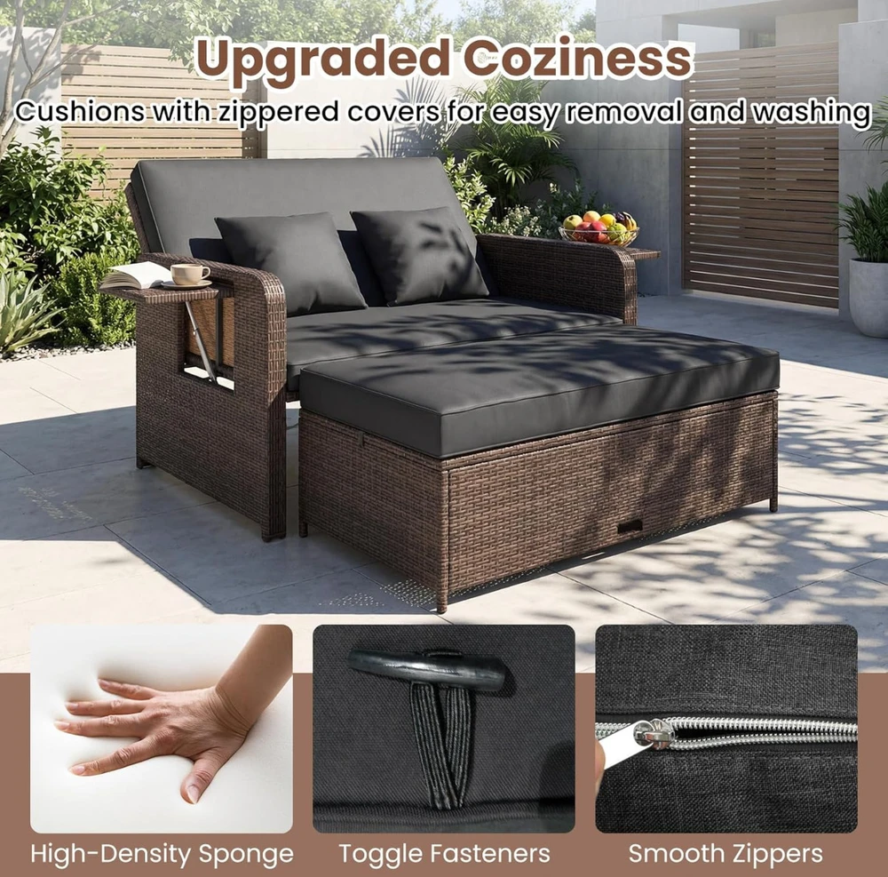 Promotion 3-in-1 lauko rotango lounge baldų komplektas su pufu, juodas