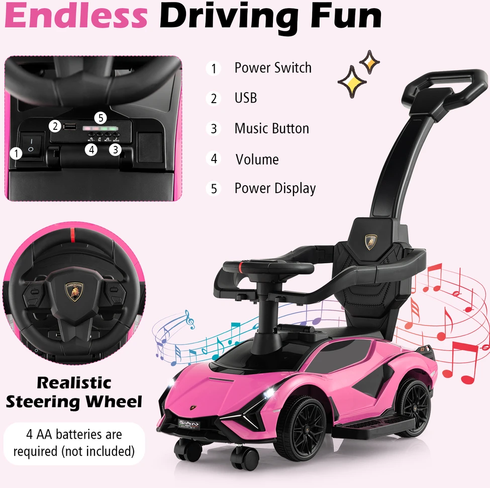 Promotion 3-in-1 licencijuotas Lamborghini paspiriamas automobilis-vaikštynė, rožinė
