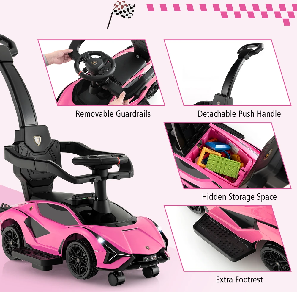 Promotion 3-in-1 licencijuotas Lamborghini paspiriamas automobilis-vaikštynė, rožinė