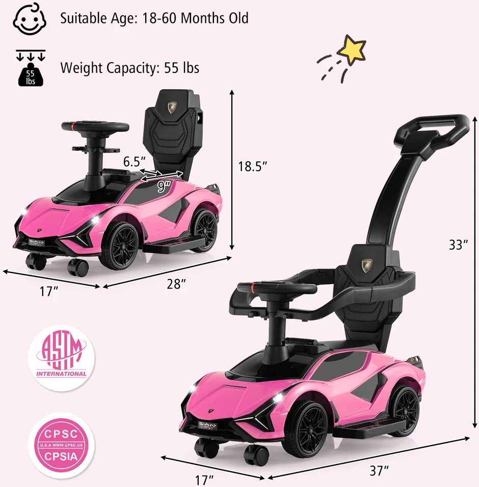 Promotion 3-in-1 licencijuotas Lamborghini paspiriamas automobilis-vaikštynė, rožinė