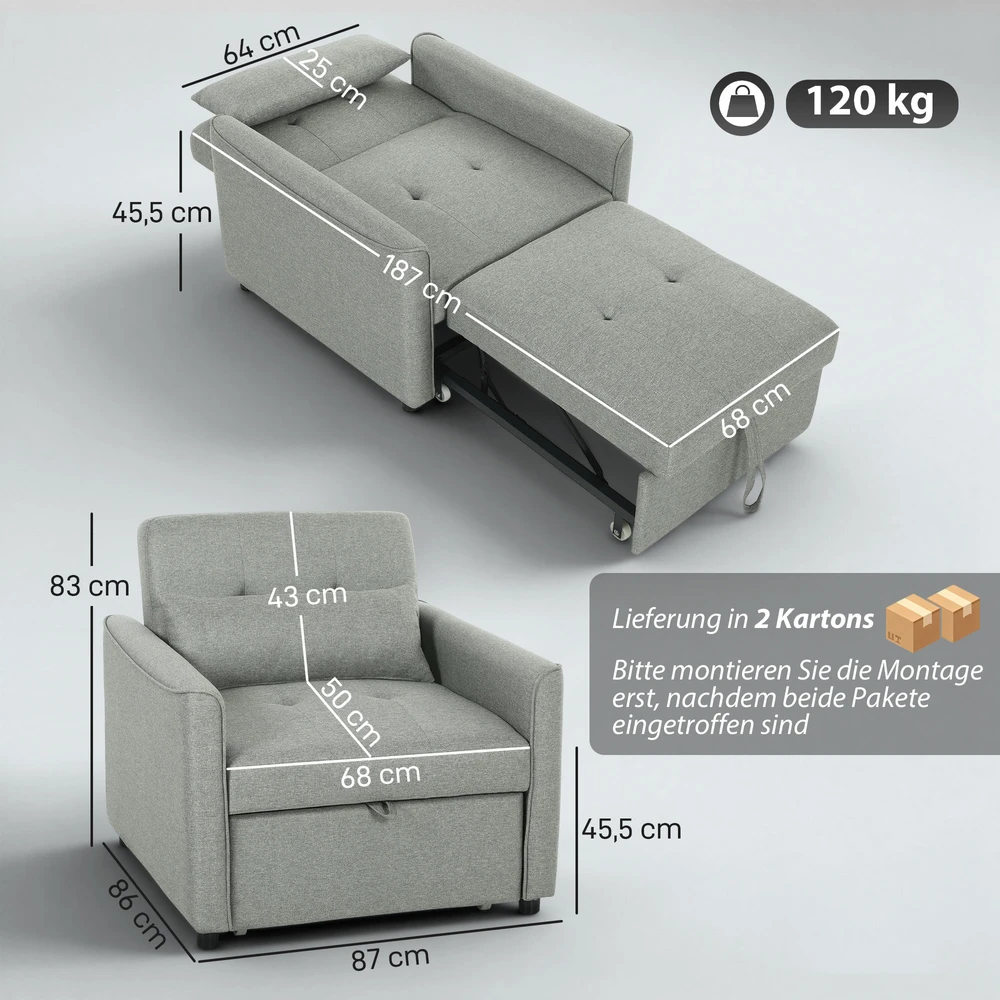Aosom 3-in-1 miego krėslas, ištraukiamas sofos-lovos krėslas su reguliuojama atkalte, pilkas
