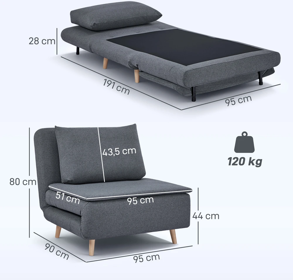 Fotelis Aosom 3-in-1 sofa-lova su lovos funkcija, poilsio kėdė, reguliuojamas atlošas, buko medžio kojos, pilka