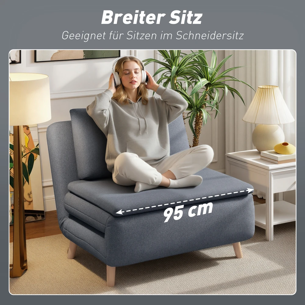 Fotelis Aosom 3-in-1 sofa-lova su lovos funkcija, poilsio kėdė, reguliuojamas atlošas, buko medžio kojos, pilka