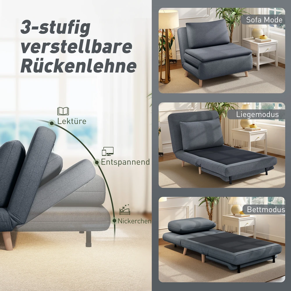 Fotelis Aosom 3-in-1 sofa-lova su lovos funkcija, poilsio kėdė, reguliuojamas atlošas, buko medžio kojos, pilka