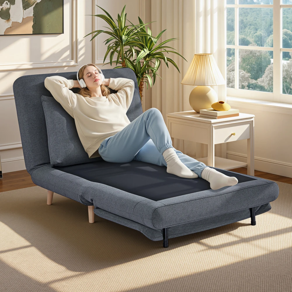 Fotelis Aosom 3-in-1 sofa-lova su lovos funkcija, poilsio kėdė, reguliuojamas atlošas, buko medžio kojos, pilka