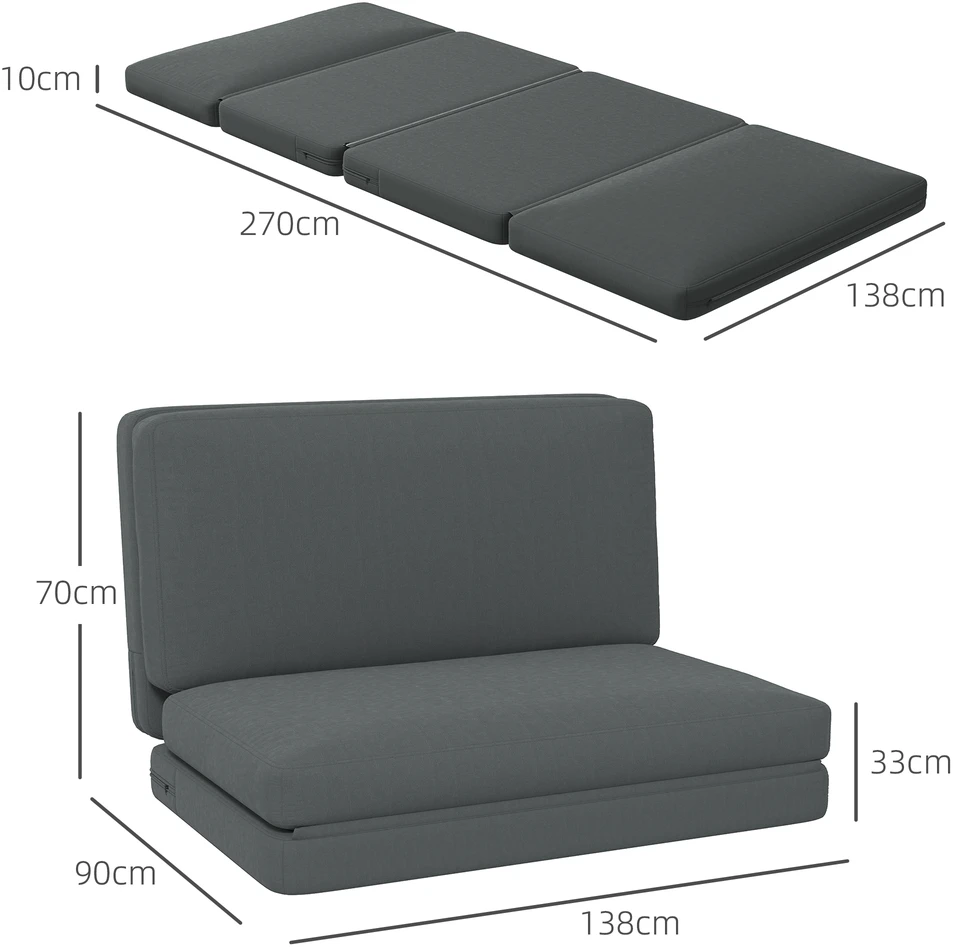 Fotelis Aosom 3-in-1 sulankstoma poilsio sofa, svečių čiužinys, dalijama, 138 cm pločio, tamsiai pilka