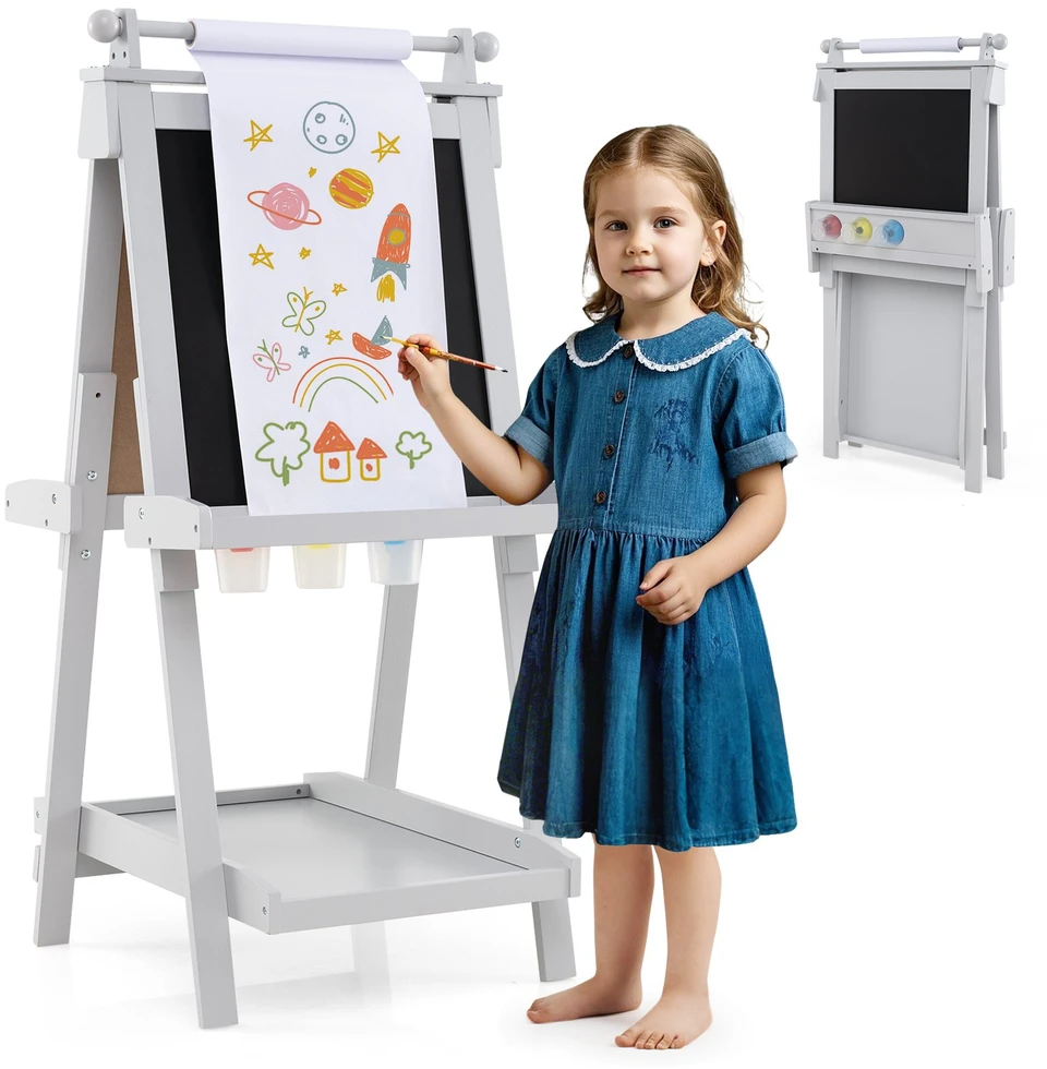 Promotion 3-in-1 sulankstomas dvipusis piešimo stovas su kreidine ir magnetine lenta, pilkas